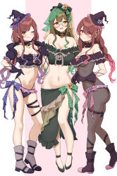 Rule 34 | 3girls, absurdres, ahoge, alstroemeria (idolmaster), ass, bare shoulders, bikini, black gloves, black panties, blunt bangs, blush, bodystocking, braid, breasts, brown eyes, brown hair, choker, cleavage, cleavage cutout, closed mouth, clothing cutout, collarbone, crescent, crescent choker, crescent hair ornament, detached sleeves, dot nose, earrings, finger to mouth, frilled bikini, frilled choker, frilled gloves, frilled shirt, frilled skirt, frills, full body, glasses, gloves, gradient hair, green shirt, green skirt, hair between eyes, hair ornament, hand on own hip, hand up, hat, high ponytail, highres, idolmaster, idolmaster shiny colors, index finger raised, jewelry, kuwayama chiyuki, large breasts, long hair, looking at viewer, low twintails, medium breasts, midriff, mini hat, multicolored hair, multiple girls, navel, official alternate hairstyle, one eye closed, open mouth, osaki amana, osaki tenka, panties, puffy short sleeves, puffy sleeves, purple bikini, purple hair, purple shirt, red hair, ribbed legwear, round eyewear, shirt, short sleeves, siblings, single braid, sisters, skindentation, skirt, smile, socks, standing, swept bangs, swimsuit, thigh strap, thighs, tongue, tongue out, twin braids, twins, twintails, underboob, underwear, wanimaru, witch hat, yellow eyes