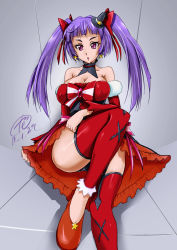 Rule 34 | 1girl, bare shoulders, breasts, cleavage, cure magical, dress, earrings, covered erect nipples, female focus, hair ornament, hair ribbon, hat, highres, izayoi liko, jewelry, large breasts, long hair, long twintails, looking at viewer, mahou girls precure!, monochrome, precure, purple eyes, purple hair, ribbon, shoes, skirt, solo, tamo (nama-yatsuhashi), thighhighs, thighs, twintails