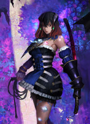 Rule 34 | 1girl, black hair, bloodstained: ritual of the night, blue eyes, breasts, brown hair, detached sleeves, gauntlets, gradient hair, hair between eyes, hair ornament, highres, horns, looking at viewer, miriam (bloodstained), multicolored hair, pale skin, short hair, simple background, solo, sosiick, stained glass, sword, tattoo, weapon
