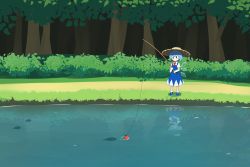 Rule 34 | 1girl, blue dress, blue footwear, blue hair, bush, cirno, collared shirt, commentary, dress, english commentary, ferdy&#039;s lab, fishing, fishing rod, forest, full body, highres, holding, holding fishing rod, ice, ice wings, nature, necktie, outdoors, red necktie, reflection, reflective water, shirt, short hair, short sleeves, solo, standing, touhou, water, white legwear, white shirt, wings, | |