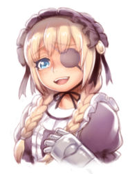 Rule 34 | bad id, bad pixiv id, battle angel alita, blonde hair, blue eyes, braid, commentary request, dress, erika (gunnm), eyepatch, folks (nabokof), frills, gothic lolita, hairband, lolita fashion, lolita hairband, mechanical arms, open mouth, portrait, puffy short sleeves, puffy sleeves, short sleeves, single mechanical arm, smile, white background