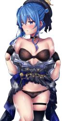 Rule 34 | 1girl, beret, black bra, black gloves, black panties, black thighhighs, blue eyes, blue hair, blue ribbon, blush, bra, bracelet, breath, choker, clothes lift, clothes pull, crown, dress, dress pull, embarrassed, fingerless gloves, gloves, grey hat, hair ribbon, hat, highres, hololive, hoshimachi suisei, hoshimachi suisei (1st costume), jewelry, mini crown, panties, pendant, pendant choker, plaid, plaid dress, plaid headwear, ponytail, pulling own clothes, ribbon, shiki (catbox230123), side ponytail, simple background, single thighhigh, skirt, skirt lift, solo, star (symbol), star in eye, strapless, strapless bra, symbol in eye, thigh strap, thighhighs, thighlet, underwear, undressing, virtual youtuber, white background