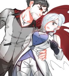 Rule 34 | 1boy, 1girl, black hair, blue eyes, cape, cross, cross necklace, facial hair, gloves, hair over one eye, highres, jewelry, military, military uniform, ndgd, necklace, qrow branwen, red eyes, rwby, stubble, uniform, white hair, winter schnee