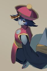 Rule 34 | 1girl, absurdres, blue hair, blue skin, breasts, chinese clothes, claws, cleavage, cleavage cutout, clothing cutout, colored skin, darkstalkers, flipped hair, hat, highres, hsien-ko, hyakka (momokashinryu14), jiangshi, looking at viewer, ofuda, qingdai guanmao, red eyes, short hair, solo, weapon