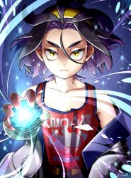 Rule 34 | 1boy, black hair, closed mouth, collarbone, colored inner hair, commentary request, creatures (company), frown, game freak, hairband, hand up, highres, holding tera orb, jacket, kieran (pokemon), kyouka. (kyouka), loose hair strand, male focus, mole, mole on neck, multicolored hair, nintendo, off shoulder, pokemon, pokemon sv, red shirt, shirt, sleeveless, sleeveless shirt, solo, sparkle, tera orb, upper body, yellow eyes, yellow hairband