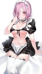 Rule 34 | 1girl, alternate costume, apron, arm support, bad id, bad pixiv id, bikini, bikini top only, black bikini, black skirt, blush, breasts, choker, cleavage, closed mouth, collarbone, detached sleeves, enmaided, fate/grand order, fate (series), frilled choker, frills, front-tie bikini top, front-tie top, hair over one eye, hand up, highres, large breasts, looking at viewer, maid, maid apron, maid headdress, mash kyrielight, miniskirt, navel, puffy short sleeves, puffy sleeves, purple eyes, purple hair, short hair, short sleeves, sitting, skirt, solo, stomach, swimsuit, thighhighs, white background, white thighhighs, yuuko (030 yuko), zettai ryouiki