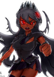 Rule 34 | 1girl, alternate color, black hair, black thighhighs, breasts, clenched hand, crying, crying with eyes open, dark-skinned female, dark persona, dark skin, extra mouth, filia (skullgirls), glowing, glowing eyes, highres, large breasts, lips, long hair, looking at viewer, open mouth, raised eyebrow, red eyes, ryuji (red-truth), samson (skullgirls), school uniform, shirt, skirt, skullgirls, solo, tears, thighhighs, torn clothes, torn shirt, torn skirt, white background