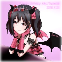Rule 34 | 1girl, arms on table, artist name, artist request, bare shoulders, black choker, black hair, blush, bow, breasts, choker, collarbone, curled horns, curly hair, demon girl, demon horns, demon tail, demon wings, elbow gloves, female focus, floral print, flower, gloves, grey wings, hair between eyes, hair bow, hair flower, hair ornament, horns, looking at viewer, love live!, love live! school idol festival, love live! school idol project, midriff, navel, parted lips, pink flower, pink gloves, pink rose, polka dot, polka dot bow, purple flower, purple rose, red bow, red eyes, red flower, red rose, red skirt, rose, rose print, short hair, sidelocks, skirt, small breasts, smile, solo, striped clothes, striped gloves, tail, teejohn3, tiara, twintails, vertical-striped clothes, vertical-striped gloves, wings, yazawa nico