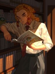Rule 34 | 1boy, alternate costume, alternate universe, arm rest, belt, black belt, blonde hair, blurry, book, bookshelf, bright pupils, closed mouth, collared shirt, contemporary, depth of field, dust, forked eyebrows, grey pants, hair slicked back, hands up, highres, holding, holding book, indoors, kimetsu no yaiba, leaning to the side, light, looking down, male focus, medium hair, multicolored hair, necktie, open book, pants, reading, red hair, red necktie, rengoku0930, rengoku kyoujurou, shade, shirt, sidelighting, sidelocks, sleeves past elbows, solo, two-tone hair, upper body, white pupils, white shirt, wing collar