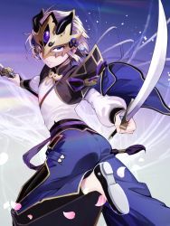 Rule 34 | 1boy, armor, blue eyes, chinese armor, closed mouth, dual wielding, fake horns, fate/grand order, fate (series), gloves, highres, holding, holding sword, holding weapon, horned headwear, horned mask, horns, looking at viewer, male focus, mask, migi12hidari8, prince of lan ling (fate), short hair, silver hair, solo, sword, weapon