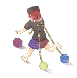 Rule 34 | 1girl, barefoot, black shirt, chain, dragging, earth (ornament), facing away, from above, gold chain, hecatia lapislazuli, highres, looking at object, moon (ornament), multicolored clothes, multicolored skirt, off-shoulder shirt, off shoulder, peroponesosu., plaid, plaid skirt, reaching, red hair, rolling, running, shirt, simple background, skirt, solo, t-shirt, touhou, underworld (ornament), wardrobe malfunction