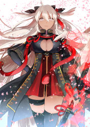 Rule 34 | 1girl, black thighhighs, breasts, cleavage, cleavage cutout, clothing cutout, dark-skinned female, dark skin, fate/grand order, fate (series), hair ornament, hair ribbon, holding, holding sword, holding weapon, ice (ice aptx), katana, large breasts, long hair, looking at viewer, okita souji (fate), okita souji alter (fate), petals, purple eyes, ribbon, sheath, sheathed, smile, solo, sword, thighhighs, very long hair, weapon, white hair
