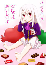 Rule 34 | 1girl, aged down, bad feet, barefoot, blush, child, chocolate, dress, fate/zero, fate (series), feet, finger in own mouth, food, food on face, gradient background, heart, heart-shaped pillow, illyasviel von einzbern, long hair, looking at viewer, pillow, pink background, red eyes, shimazaki mujirushi, sitting, soles, solo, valentine, white hair