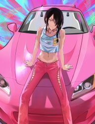 Rule 34 | 1girl, 2 fast 2 furious, absurdres, black hair, braid, braided ponytail, car, chainsaw man, closed mouth, commentary, dakaeya, english commentary, fast & furious, fast &amp; furious, hair over one eye, hair over shoulder, highres, honda, honda s2000, midriff, motor vehicle, navel, nayuta (chainsaw man), orange eyes, pants, pink car, pink pants, ringed eyes, seductive smile, smile, solo, tank top