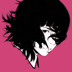 Rule 34 | 1girl, bad id, bad tumblr id, black eyes, black hair, close-up, closed mouth, from side, ilya kuvshinov, looking at viewer, original, pink background, profile, short hair, simple background, solo, wind