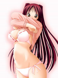 Rule 34 | 00s, 1girl, blush, bow, bow bra, bra, breasts, brown eyes, cleavage, clothes lift, huge breasts, keito, kousaka tamaki, large breasts, lingerie, long hair, long sleeves, looking at viewer, panties, pink background, pink hair, pink sweater, red hair, shirt lift, side-tie panties, solo, standing, sweater, to heart (series), to heart 2, twintails, underwear, undressing, white bra, white panties