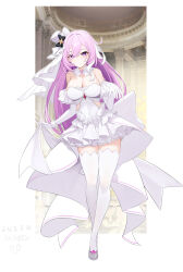 1girl absurdres alternate_costume breasts bridal_veil chinese_commentary cleavage commentary_request dated diamond-shaped_pupils diamond_(shape) dress elysia_(herrscher_of_human:_ego)_(honkai_impact) elysia_(honkai_impact) gloves hair_between_eyes highres honkai_(series) honkai_impact_3rd incredibly_absurdres indoors lao_xi large_breasts long_hair pink_hair purple_eyes smile solo symbol-shaped_pupils thighhighs thighs veil very_long_hair wedding_dress white_dress white_gloves white_thighhighs