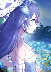 Rule 34 | 1girl, bare shoulders, bird hair ornament, blue eyes, blue flower, blue hair, blue sky, breasts, closed mouth, dress, earrings, flower, from side, fu hua, fu hua (azure empyrea), fu hua (cerulean court), grass, grey hair, hair ornament, hair over one eye, halter dress, halterneck, highres, holding, holding umbrella, honkai (series), honkai impact 3rd, honkaigwen, jewelry, leaf, long hair, looking at viewer, medium breasts, multicolored clothes, multicolored dress, official alternate costume, shadow, sky, sleeveless, sleeveless dress, solo, umbrella, wedding dress, white dress