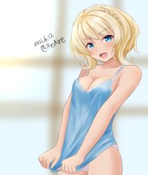 Rule 34 | 1girl, ame-san, blonde hair, blue camisole, blue eyes, braid, breasts, camisole, camisole pull, cleavage, clothes pull, colorado (kancolle), commentary request, cowboy shot, dated, highres, kantai collection, medium breasts, open mouth, panties, short hair, side braids, smile, solo, twitter username, underwear, white panties