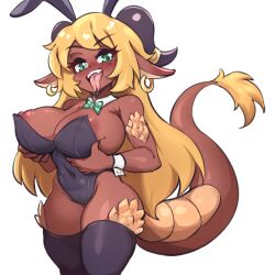 Rule 34 | 1girl, animal ears, areola slip, bare shoulders, bebatch, black horns, black leotard, black thighhighs, blonde hair, blush, bow, bowtie, breasts, collar, commission, covered navel, dark-skinned female, dark skin, detached collar, dot nose, dragon girl, dragon horns, dragon tail, drooling, earrings, eyebrows, eyelashes, fake animal ears, fang, feet out of frame, female focus, forked tongue, grabbing own breast, green bow, green bowtie, green eyes, horns, huge breasts, jewelry, leotard, long hair, looking at viewer, naughty face, nipple slip, nipples, open mouth, original, playboy bunny, pointy ears, rabbit ears, saliva, scales, shortstack, simple background, solo, standing, strapless, strapless leotard, tail, teeth, thick thighs, thighhighs, thighs, tongue, tongue out, upper teeth only, very dark skin, white background, white collar, white wrist cuffs, wide hips, wrist cuffs