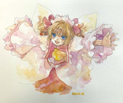 Rule 34 | 1girl, blonde hair, blue eyes, dated, fairy wings, fang, happy, highres, long sleeves, looking at viewer, medium hair, one-hour drawing challenge, open mouth, painting (medium), shiroma (mamiko), simple background, solo, sunny milk, touhou, traditional media, watercolor (medium), white background, wide sleeves, wings