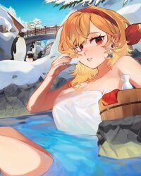 Rule 34 | 1girl, bird, blonde hair, breasts, bridge, cleavage, commentary, commission, day, earrings, english commentary, eus ing, highres, hololive, hololive indonesia, jewelry, kaela kovalskia, large breasts, looking at viewer, naked towel, outdoors, partially submerged, penguin, red eyes, snow, solo, towel, tree, virtual youtuber, water