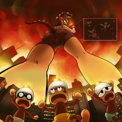 Rule 34 | 1girl, absurdres, angry, ass, bike shorts, brown hair, fire, from below, giant, giantess, glasses, godzilla (series), highres, legs, monkey, open mouth, parody, pipo monkey, saru getchu, sayaka (saru getchu), scared, sports bra, thighhighs, twintails