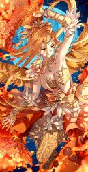 Rule 34 | 1girl, armpits, artist name, azeyma, blonde hair, breasts, cleavage, dated, english text, feather fan, feathered wings, feathers, final fantasy, final fantasy xiv, fire, forehead jewel, hair ornament, hand fan, highres, holding, holding fan, long hair, medium breasts, nardack, solo, wings, yellow eyes