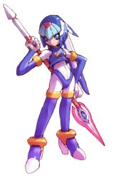 Rule 34 | 1girl, absurdres, android, archived source, armor, blue armor, blue eyes, blue hair, blue helmet, boots, breasts, closed mouth, crop top, fairy leviathan (mega man), full body, gloves, helmet, high heels, highres, holding, holding weapon, mega man (series), mega man zero (series), mega man zero 1, nakayama tooru, official art, polearm, simple background, small breasts, smile, solo, spear, staff, standing, transparent background, weapon, weapon behind back