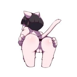 Rule 34 | 1girl, animal ears, anus, ass, bent over, black hair, blunt bangs, cat, cat ears, cleft of venus, from behind, furry, furry female, lowres, nude, omunikin, presenting, pussy, setsu (omunikin), short hair, simple background, solo, spread pussy, tail, thigh gap, uncensored, white background