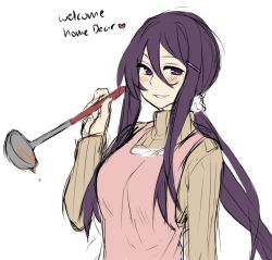 Rule 34 | 1girl, apron, blush, brown sweater, doki doki literature club, english text, hair between eyes, hair ornament, hairclip, hand up, highres, holding, ladle, long hair, long sleeves, looking at viewer, otxoa60, pink apron, purple eyes, purple hair, sketch, smile, solo, sweater, upper body, very long hair, yuri (doki doki literature club)