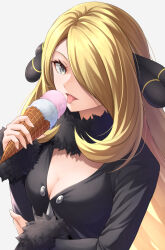 Rule 34 | 1girl, :p, black shirt, blonde hair, breasts, cleavage, commentary, creatures (company), cynthia (pokemon), food, fur-trimmed sleeves, fur collar, fur trim, game freak, grey eyes, hair ornament, hair over one eye, holding, holding food, holding ice cream, ice cream, ice cream cone, large breasts, long hair, long sleeves, looking at viewer, nintendo, pokemon, pokemon dppt, shirt, solo, ten (tenchan man), tongue, tongue out, upper body