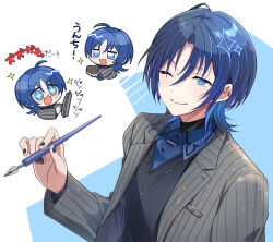 Rule 34 | 1girl, ;), absurdres, black nails, black sweater vest, blue eyes, blue hair, blue shirt, chibi, chibi inset, closed mouth, earclip, grey jacket, highres, hiodoshi ao, holding, holding pen, hololive, hololive dev is, jacket, jewelry, looking at viewer, necklace, nib pen (object), nyokkiiiiin, one eye closed, open clothes, open jacket, pen, pinstripe jacket, pinstripe pattern, shirt, short hair, simple background, smile, sweater vest, virtual youtuber