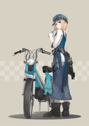 Rule 34 | 1girl, blonde hair, blue eyes, boots, female focus, full body, gloves, goggles, hat, highres, looking back, miz, moped, motor vehicle, original, overalls, short hair, smile, solo, tools, wrench