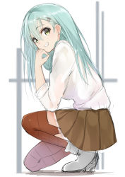 Rule 34 | 10s, 1girl, :d, aqua hair, brown skirt, brown thighhighs, earrings, from side, full body, garter straps, green eyes, grey footwear, grin, hair ornament, hairclip, horizontal-striped legwear, isshiki (ffmania7), jewelry, kantai collection, kneeling, long hair, long sleeves, looking at viewer, looking to the side, on one knee, open mouth, pleated skirt, shirt, shoes, sketch, skirt, sleeves pushed up, smile, solo, squatting, striped clothes, striped thighhighs, stud earrings, suzuya (kancolle), teeth, thighhighs, very long hair, white shirt, zettai ryouiki