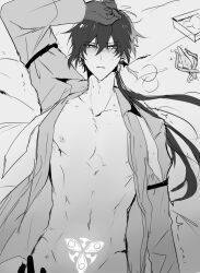 Rule 34 | 2boys, bad tag, blush, dildo, genshin impact, greyscale, hand on another&#039;s hip, hand on own head, hickey, hickey marks, highres, looking at viewer, monochrome, multiple boys, on bed, open clothes, open shirt, ruu gi, sex toy, stomach tattoo, tartaglia (genshin impact), tattoo, yaoi, zhongli (genshin impact)
