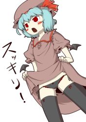 Rule 34 | 1girl, bat wings, black panties, blue hair, blush stickers, bow, bow panties, clothes lift, dress, dress lift, fang, hat, lifting own clothes, open mouth, panties, red eyes, remilia scarlet, short hair, side-tie panties, solo, string panties, touhou, underwear, wings, zannen na hito