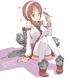 Rule 34 | 10s, 1girl, 2014, bare shoulders, between breasts, bird, bird on hand, breasts, brown eyes, brown hair, colored shadow, dated, detached sleeves, full body, hairband, heart, kantai collection, large breasts, natori (kancolle), neckerchief, pureji oshou, sailor collar, shadow, shoes, short hair, sitting, smile, solo, thighhighs, turret, twitter username, very short hair, white background, white thighhighs
