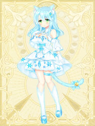 Rule 34 | 1girl, animal ear fluff, animal ears, bare shoulders, bell, blue bow, blue footwear, blue hair, blush, bow, breasts, cat ears, cat girl, cat tail, cleavage, closed mouth, copyright request, detached sleeves, dress, full body, gloves, green eyes, hair between eyes, hair ornament, hand up, highres, jingle bell, large breasts, long hair, long sleeves, looking at viewer, shikito (yawa0w0), shoes, sleeveless, sleeveless dress, socks, solo, standing, standing on one leg, tail, tail bell, tail bow, tail ornament, thigh strap, white dress, white gloves, white sleeves, white socks