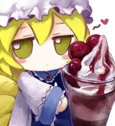 Rule 34 | 1girl, blonde hair, blush stickers, commentary, dress, food, fumo (doll), hat, highres, holding, holding food, ice cream, long sleeves, looking at viewer, mob cap, short hair, simple background, solo, sundae, symbol-only commentary, tabard, touhou, white background, white dress, white hat, yakumo ran, yakumora n, yellow eyes