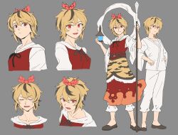 Rule 34 | 1girl, absurdres, animal print, asuka shirou, bishamonten&#039;s pagoda, black footwear, black hair, blonde hair, closed eyes, commentary request, dress, flat color, grey background, highres, japanese clothes, kimono, multicolored hair, multiple views, open mouth, pants, red dress, red eyes, short hair, simple background, standing, tiger print, toramaru shou, touhou, white kimono, white pants, wide sleeves