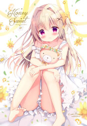 Rule 34 | 1girl, azumi kazuki, bare arms, bare shoulders, blush, bow, closed mouth, collarbone, commentary request, dress, flower, frilled dress, frills, hair between eyes, hair bow, hair intakes, hair ornament, highres, hugging object, knees together feet apart, knees up, light brown hair, long hair, one side up, original, purple eyes, sleeveless, sleeveless dress, smile, solo, strap slip, stuffed animal, stuffed toy, teddy bear, very long hair, white dress, white flower, x hair ornament, yellow bow, yellow flower