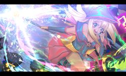 Rule 34 | 1girl, :d, bad id, bad pixiv id, bare shoulders, blonde hair, blue eyes, blue footwear, blue hat, blush stickers, boots, bracer, breasts, cleavage, dark magician girl, duel monster, hair between eyes, hand up, hat, holding, holding staff, large breasts, letterboxed, long hair, open mouth, otsumami (bu-bu-heaven), pentagram, smile, solo, staff, teeth, v-shaped eyebrows, wizard hat, yu-gi-oh!, yu-gi-oh! duel monsters