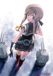 Rule 34 | 10s, 1girl, 2016, artist name, black skirt, blue eyes, boots, braid, brown hair, dated, from above, from behind, hair between eyes, hair ornament, high heel boots, high heels, kantai collection, knee boots, long hair, looking at viewer, looking back, neckerchief, outstretched arm, over-kneehighs, pleated skirt, propeller hair ornament, red footwear, school uniform, serafuku, shadow, skirt, solo, teruzuki (kancolle), thighhighs, twin braids, ugeppa, walking, white thighhighs