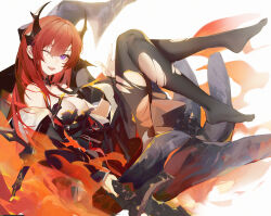 Rule 34 | 1girl, ;d, arknights, bare shoulders, black dress, black jacket, black pantyhose, breasts, burnt clothes, cleavage, commentary request, dress, drive shot, fire, from side, full body, highres, holding, horns, jacket, large breasts, legs up, long hair, long sleeves, looking at viewer, looking to the side, no shoes, one eye closed, open clothes, open jacket, open mouth, pantyhose, purple eyes, red hair, revision, simple background, smile, solo, surtr (arknights), torn clothes, torn pantyhose, very long hair, waving, white background