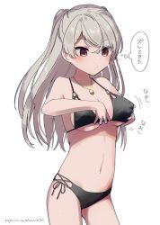 Rule 34 | 1girl, artist name, bare arms, bare legs, bare shoulders, bikini, black bikini, blush, breasts, brown eyes, cleavage, closed mouth, conte di cavour (kancolle), cowboy shot, grey hair, hair between eyes, jewelry, kantai collection, large breasts, long hair, motion lines, navel, necklace, one-hour drawing challenge, signature, simple background, solo, swimsuit, thought bubble, white background, yamashichi (mtseven)
