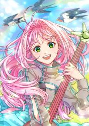 Rule 34 | 1girl, akira ituki, bird, close-up, floating hair, green eyes, guitar, holding, holding instrument, instrument, long hair, looking at viewer, macross, macross 7, mylene jenius, open mouth, pink hair, pointy ears, smile, solo, sparrow