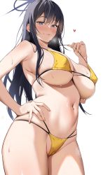 Rule 34 | 1girl, bikini, black hair, blue archive, blue eyes, blush, breasts, cameltoe, closed mouth, from below, halo, hand on own hip, highres, ichinose (ichinose1592), large breasts, long hair, looking at viewer, looking down, navel, saori (blue archive), simple background, smile, solo, swimsuit, thighs, underboob, white background, yellow bikini