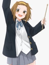 Rule 34 | 1girl, :d, absurdres, arm up, black jacket, blazer, blue ribbon, blush, brown eyes, brown hair, buttons, collared shirt, commentary request, cowboy shot, drumsticks, forehead, ga owo, grey skirt, hairband, highres, holding, holding drumsticks, jacket, k-on!, looking at viewer, neck ribbon, open clothes, open jacket, open mouth, pleated skirt, pocket, ribbon, sakuragaoka high school uniform, school uniform, shirt, short hair, simple background, skirt, smile, solo, standing, tainaka ritsu, untucked shirt, white background, white shirt, winter uniform, yellow hairband