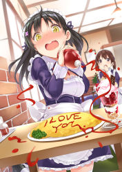 Rule 34 | 2girls, :o, ahoge, blurry, blurry background, blush, brown hair, food, frills, hair ornament, hand up, highres, indoors, ketchup, ketchup bottle, long hair, long sleeves, maid, multiple girls, omelet, omurice, original, oyukikeiho, parfait, squirting liquid, standing, thighhighs, white legwear, yellow eyes